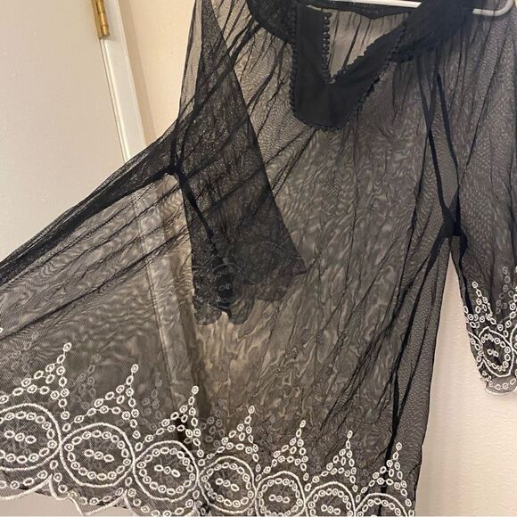Alfani Sheer mesh Lace Embroidered black goth Blouse swimsuit cover-up nylon 1X - Picture 3 of 7